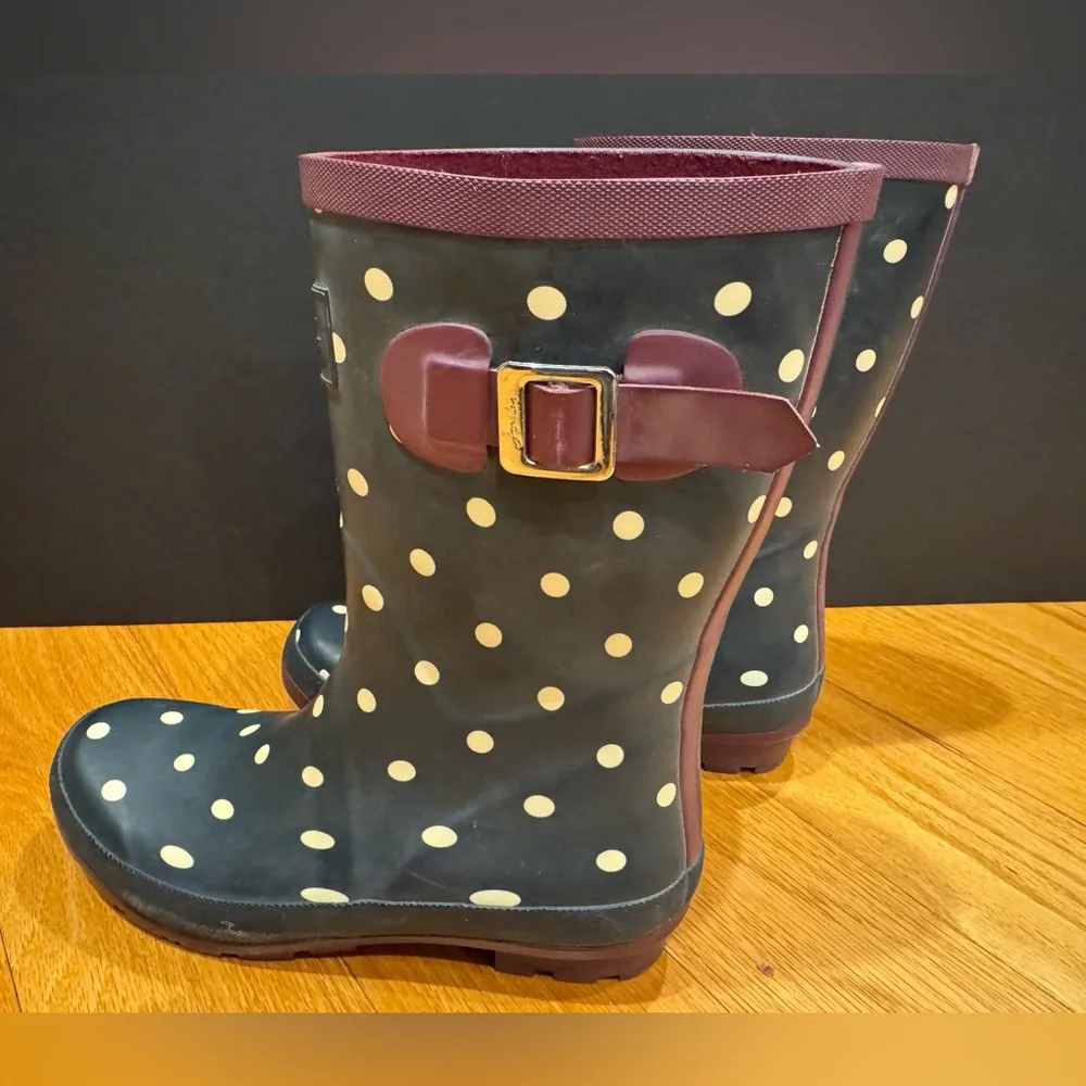 Joules Molly Welly Mid Calf Navy Rain Boots White Polka Dot Burgundy Trim Size 8 - Picture 9 of 16